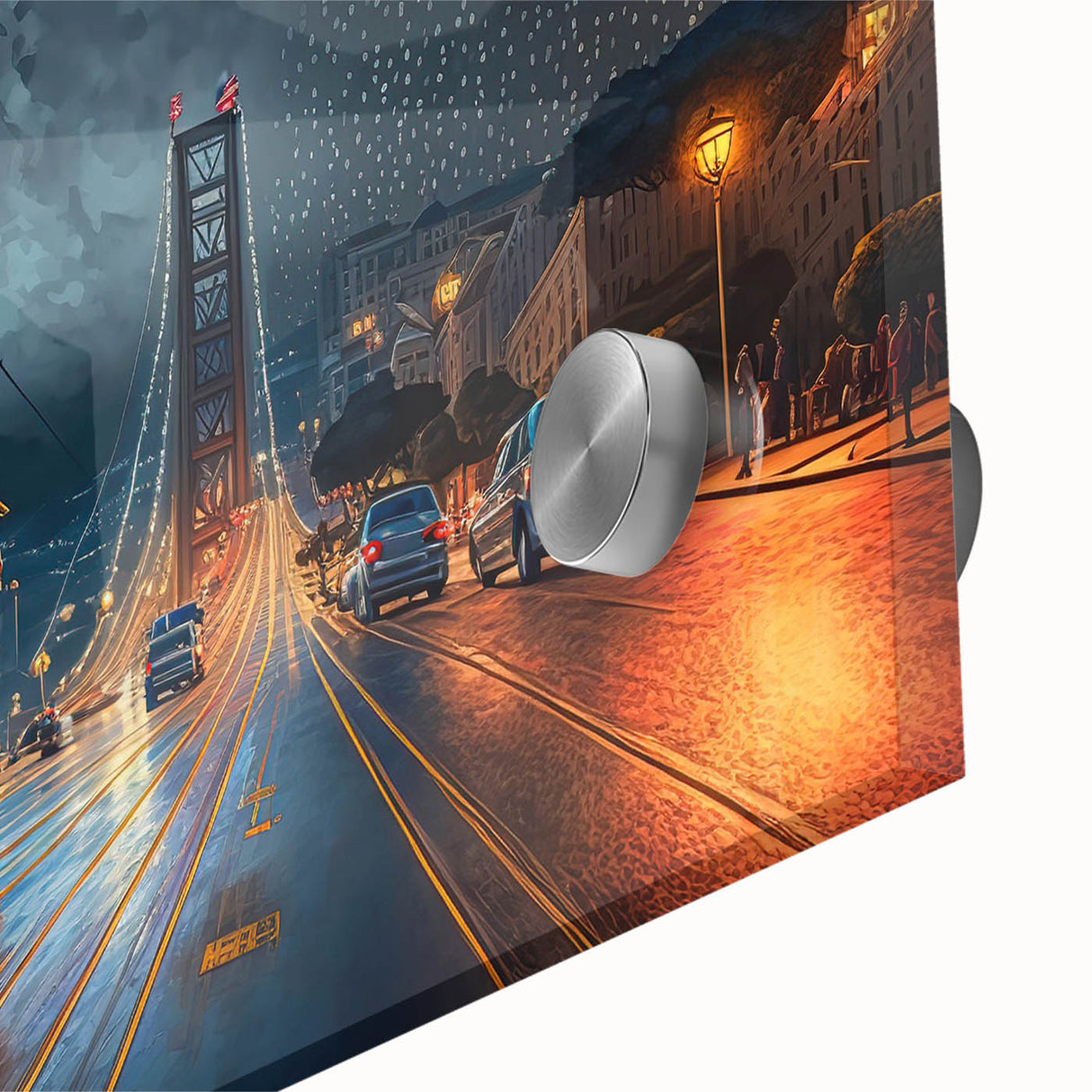 Large abstract depiction of San Francisco on acrylic glass in mid-century modernist style, ideal for dining room art.