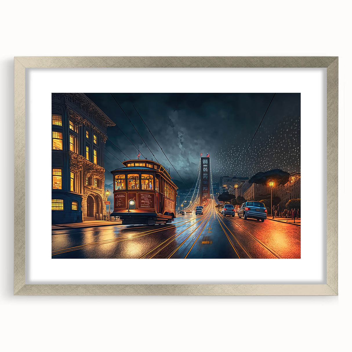 Textured art of abstract San Francisco skyline in muted gray, framed in silver, ideal for bedroom art.