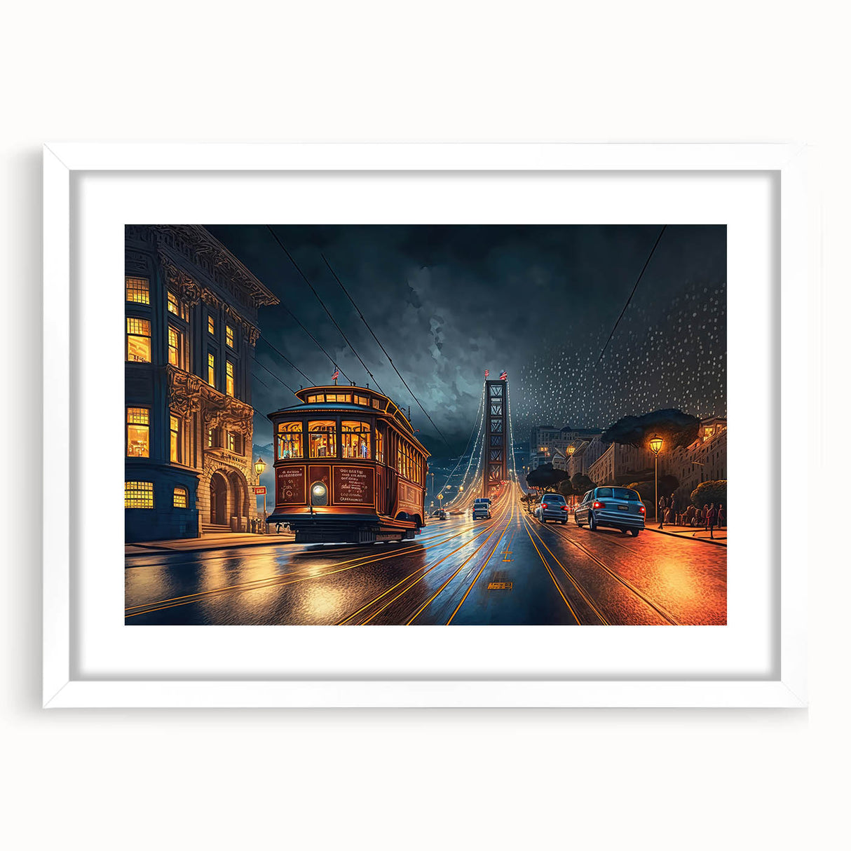 Abstract art print of San Francisco skyline in muted blue and gray tones on a framed white mat.