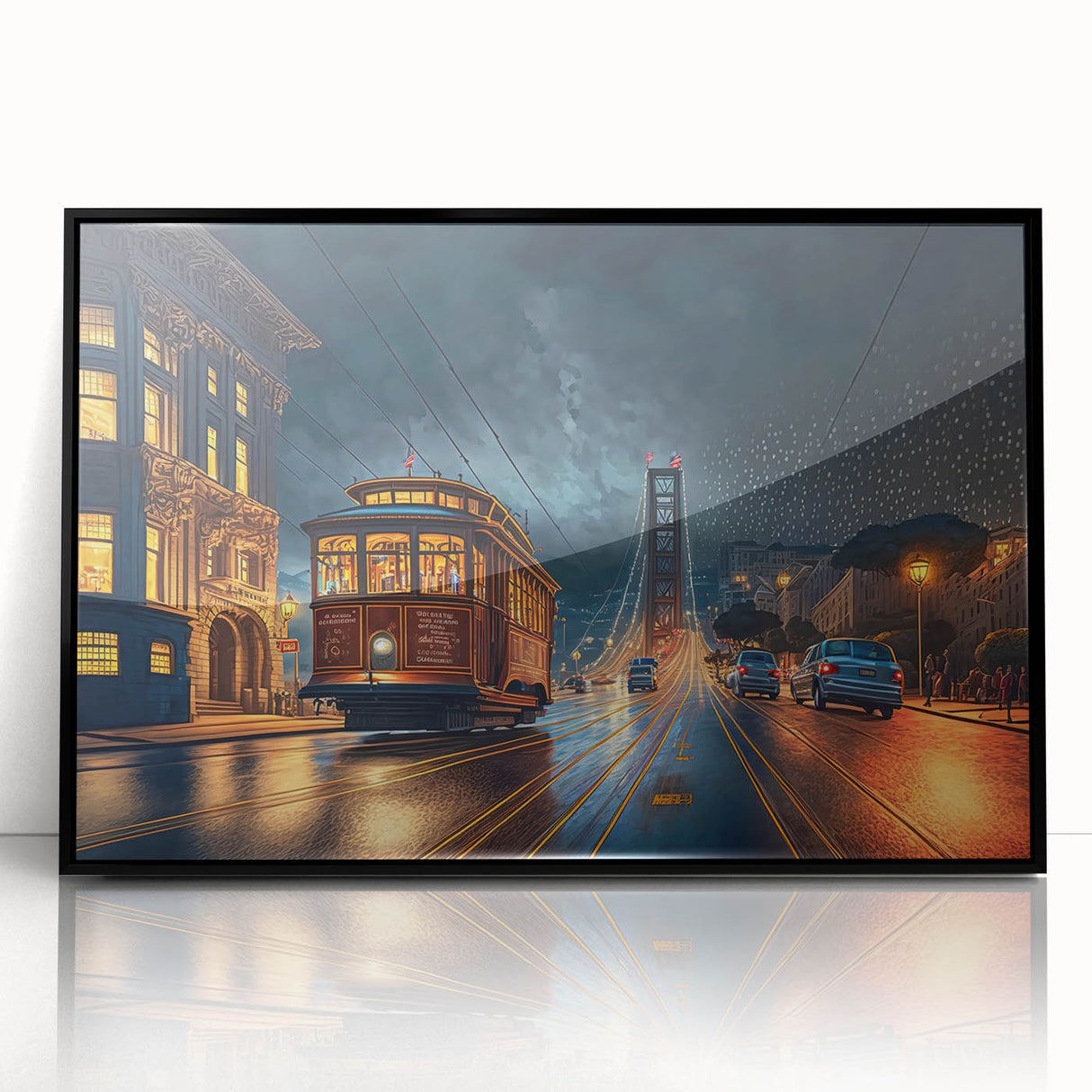 Large abstract wall art depicting the San Francisco skyline in muted tones on a framed acrylic.