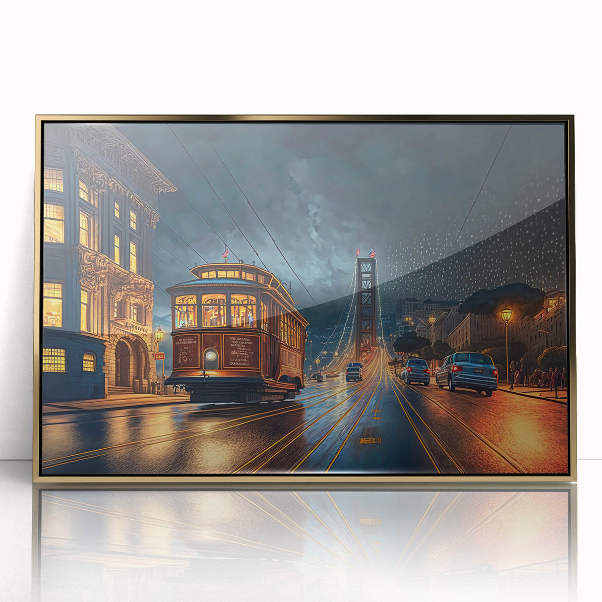Framed acrylic print of San Francisco with golden hues, ideal for modern art wall decor.