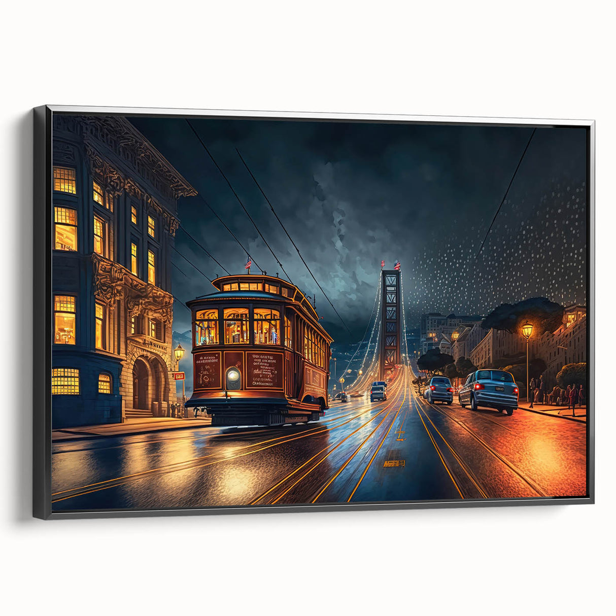 Black and white framed canvas of San Francisco landscape, ideal for bedroom wall art in vintage poster style.