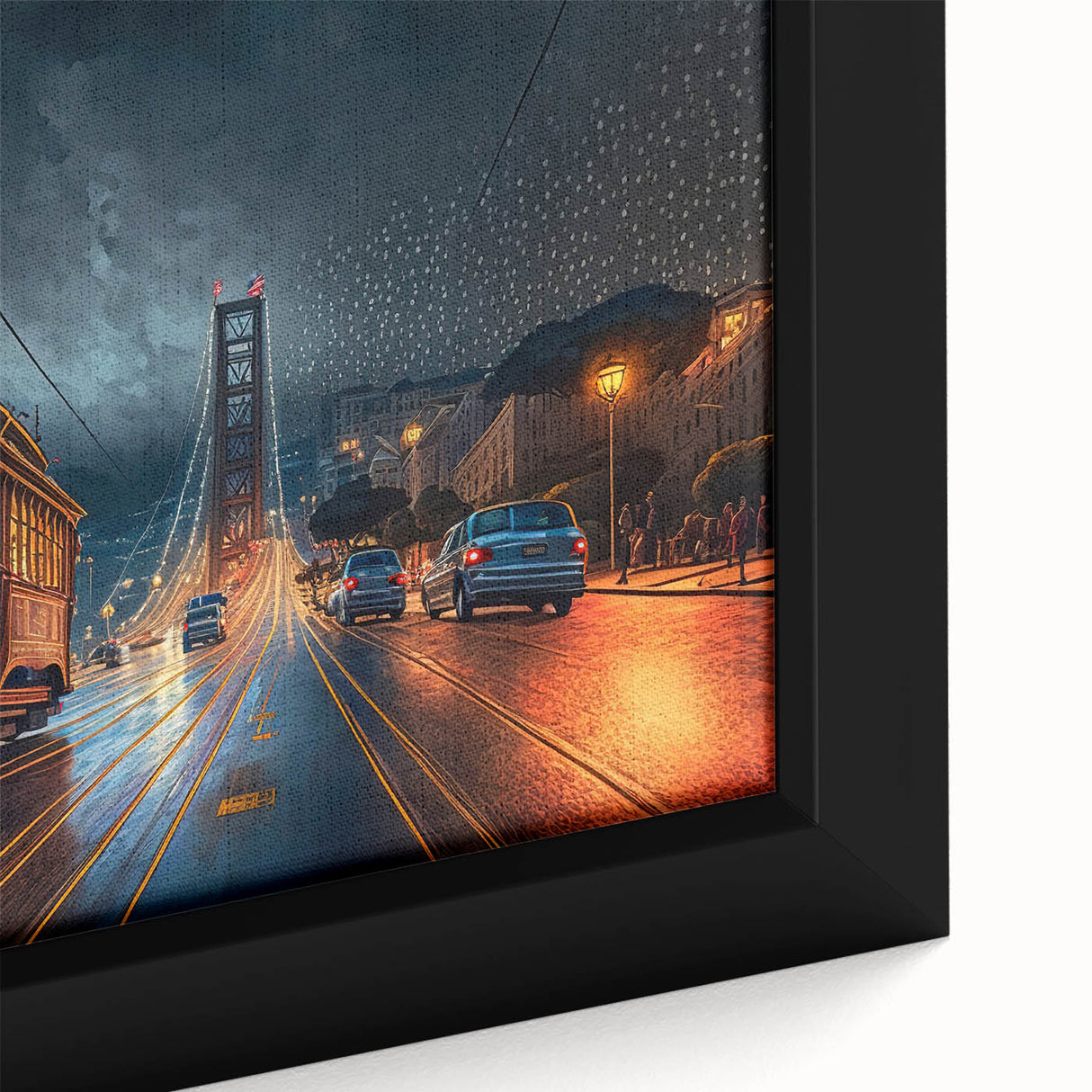 Extra large framed canvas depicting a textured, colorful depiction of the San Francisco skyline on a black background.