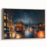 Framed canvas of vintage poster art depicting San Francisco landscape in black and gold tones, ideal for bedroom wall art.