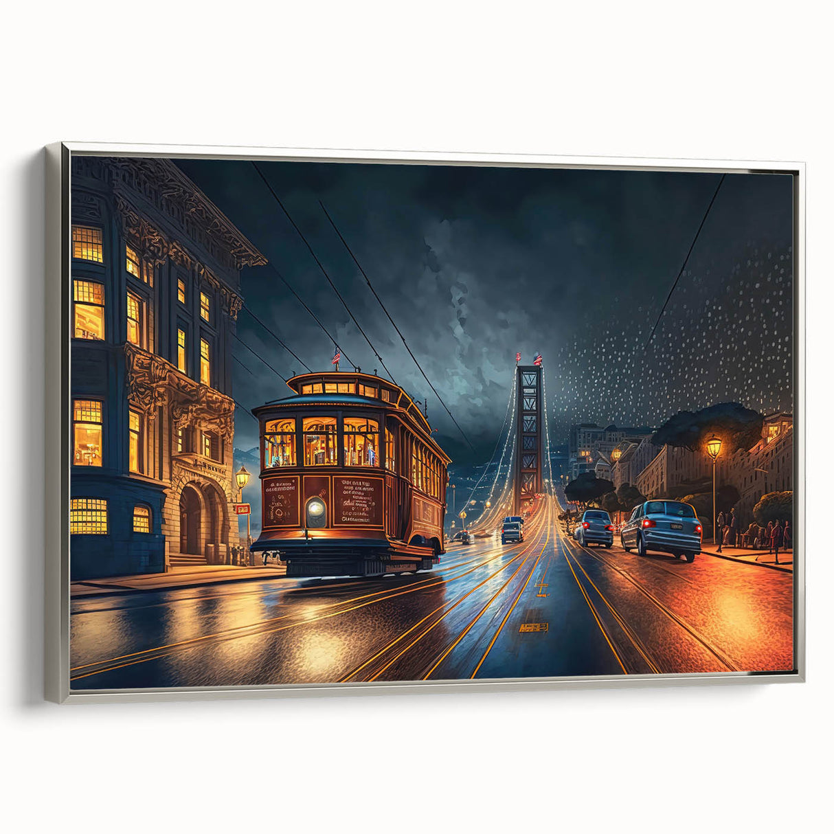 Framed canvas landscape art painting depicting the San Francisco skyline in vibrant colors on a black background.