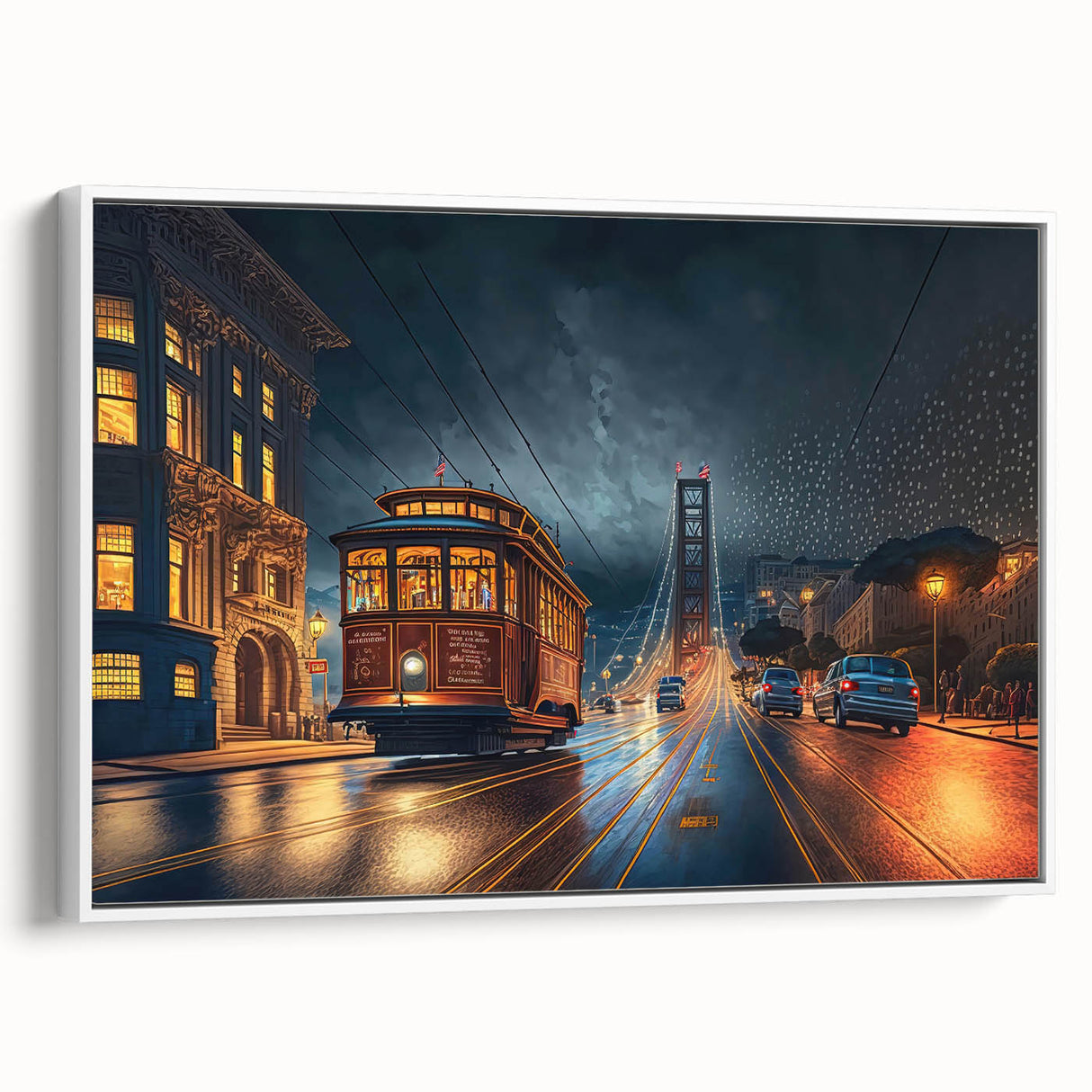 Vintage poster art of San Francisco skyline in vibrant colors on a large framed canvas, ideal for living room decor.