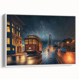 Vintage poster art of San Francisco skyline in vibrant colors on a large framed canvas, ideal for living room decor.