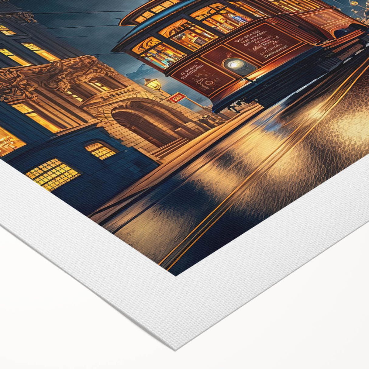 Art deco poster of San Francisco skyline in muted blue and gray tones on rolled canvas, ideal for dining room wall art.
