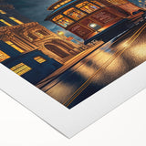 Art deco poster of San Francisco skyline in muted blue and gray tones on rolled canvas, ideal for dining room wall art.