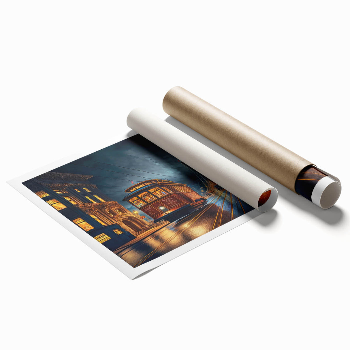 Extra large rolled print of San Francisco scenery with floral elements in soft color tones.