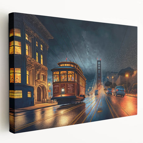 San Francisco skyline on stretched canvas in muted blue and gray tones, ideal for kitchen wall art.