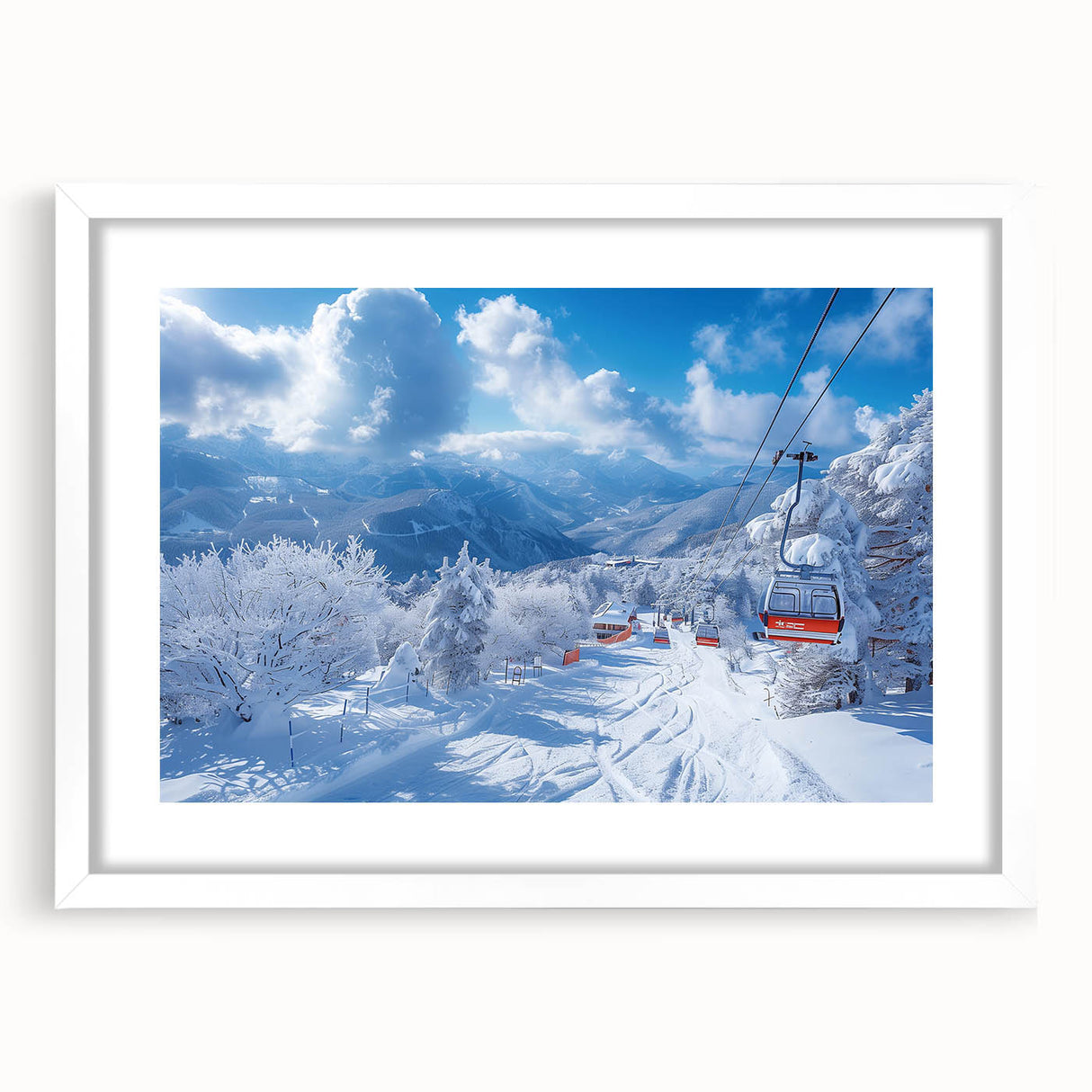 Abstract art print of Vail, Colorado scenery in muted earth tones on a framed white mat, ideal for dining room decor.