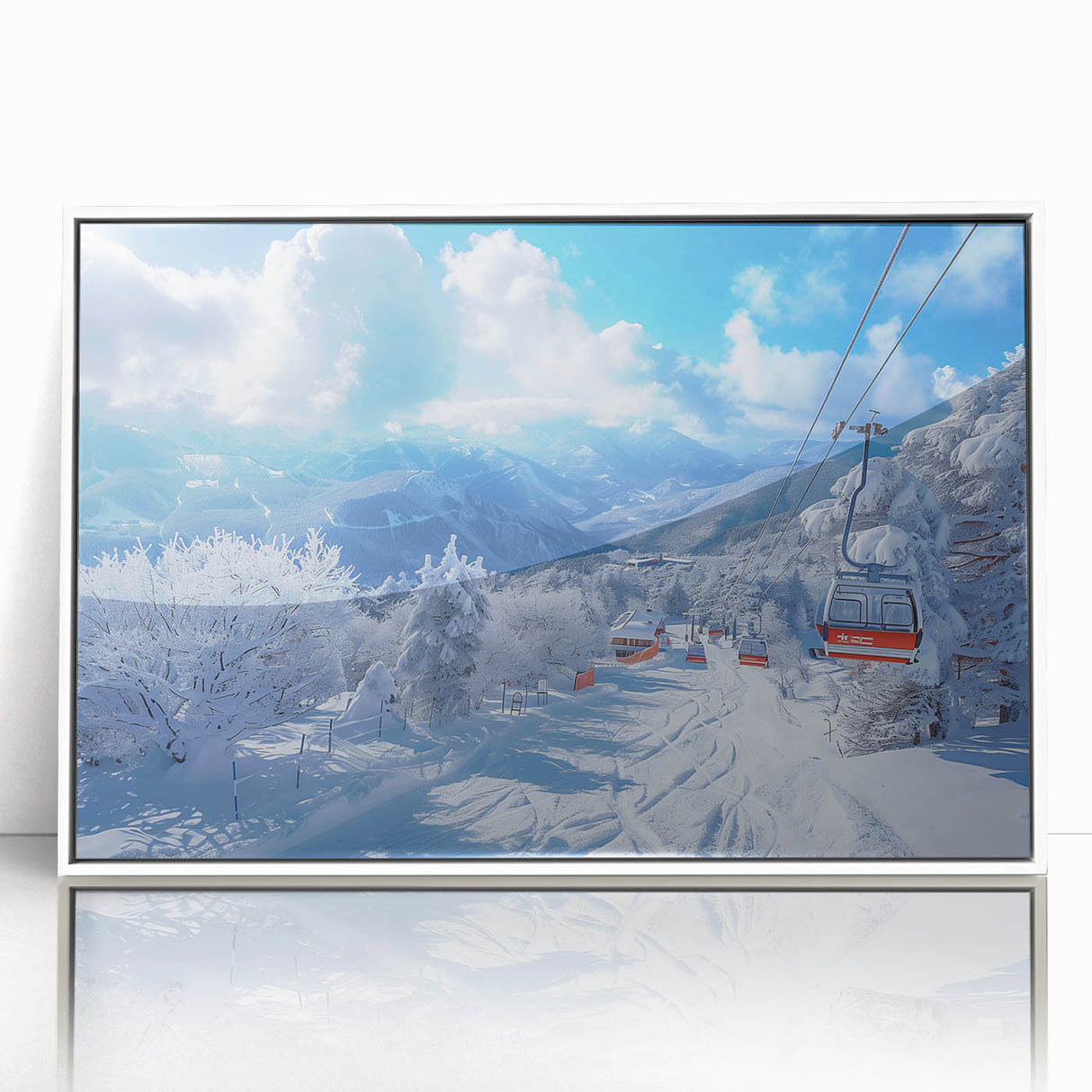 Acrylic print of Vail, Colorado scenery in art deco style, framed in white, suitable for modern nursery decor.