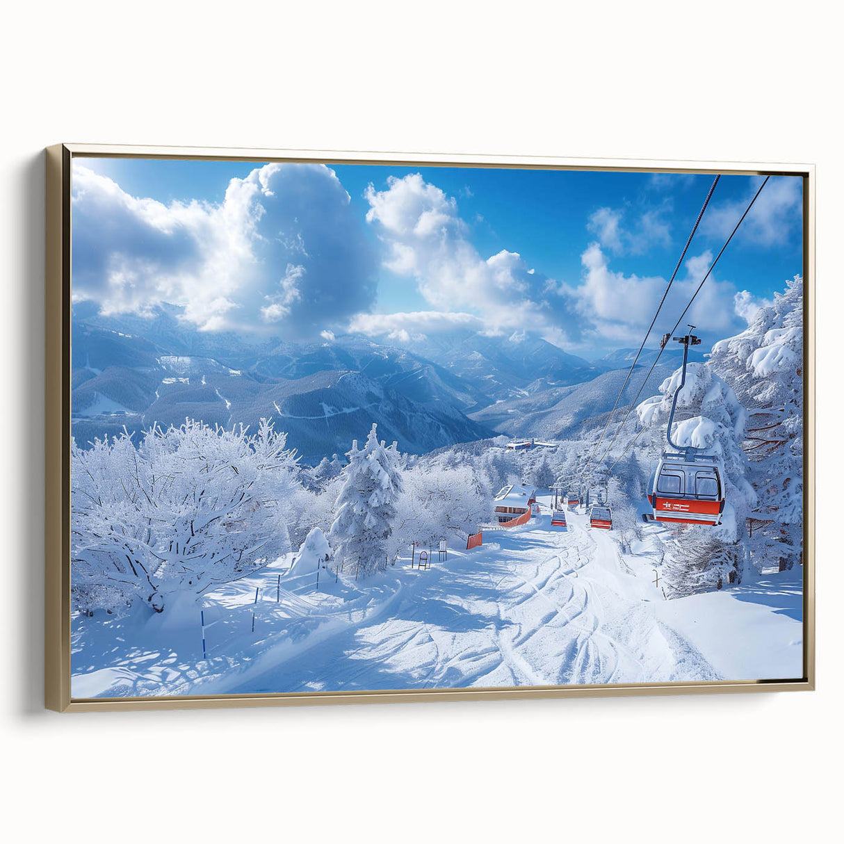 Framed canvas of a vintage-style landscape painting depicting Vail, Colorado, with muted earth tones.