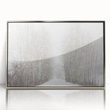 Mid-century modernist art depicting Aspen, Colorado scenery in muted earth tones on a silver-framed acrylic print.