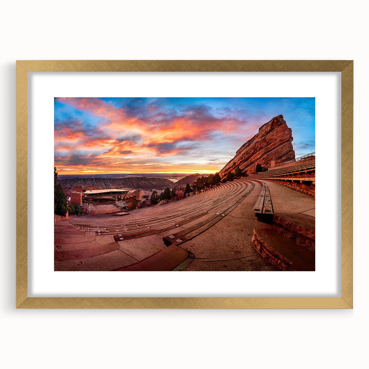 Extra large abstract art print of Denver skyline in gold frame, featuring textured brush strokes in muted earth tones.
