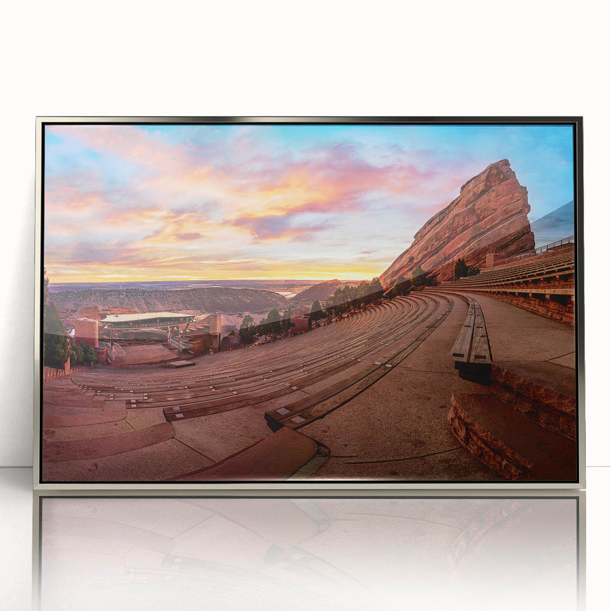 Mid-century modernist art depicting Denver skyline in muted earth tones, framed acrylic, ideal for nursery wall decor.