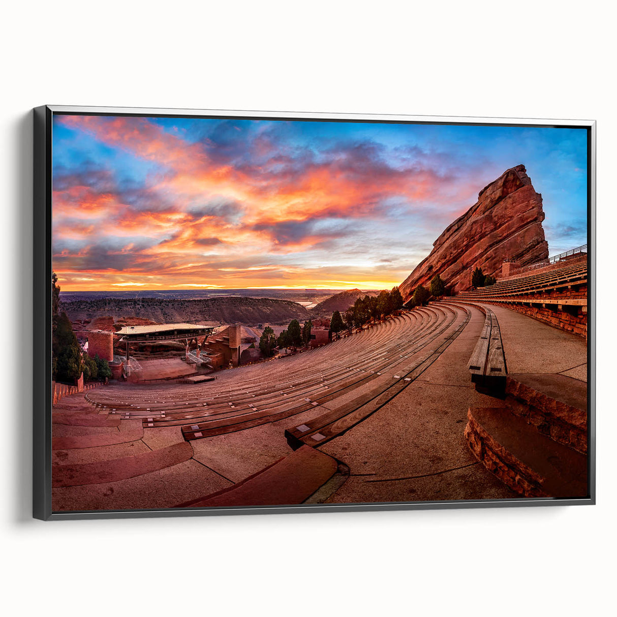 Black and white framed canvas of Denver landscape, ideal for bedroom wall art with a vintage poster style.