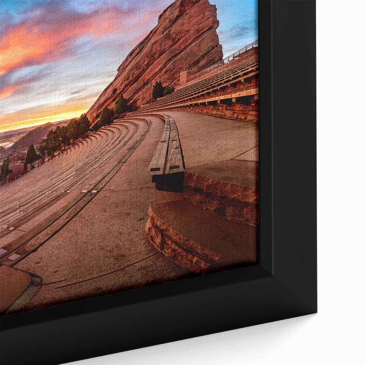 Close-up of textured, extra large black wall art featuring colorful Denver skyline, framed canvas.