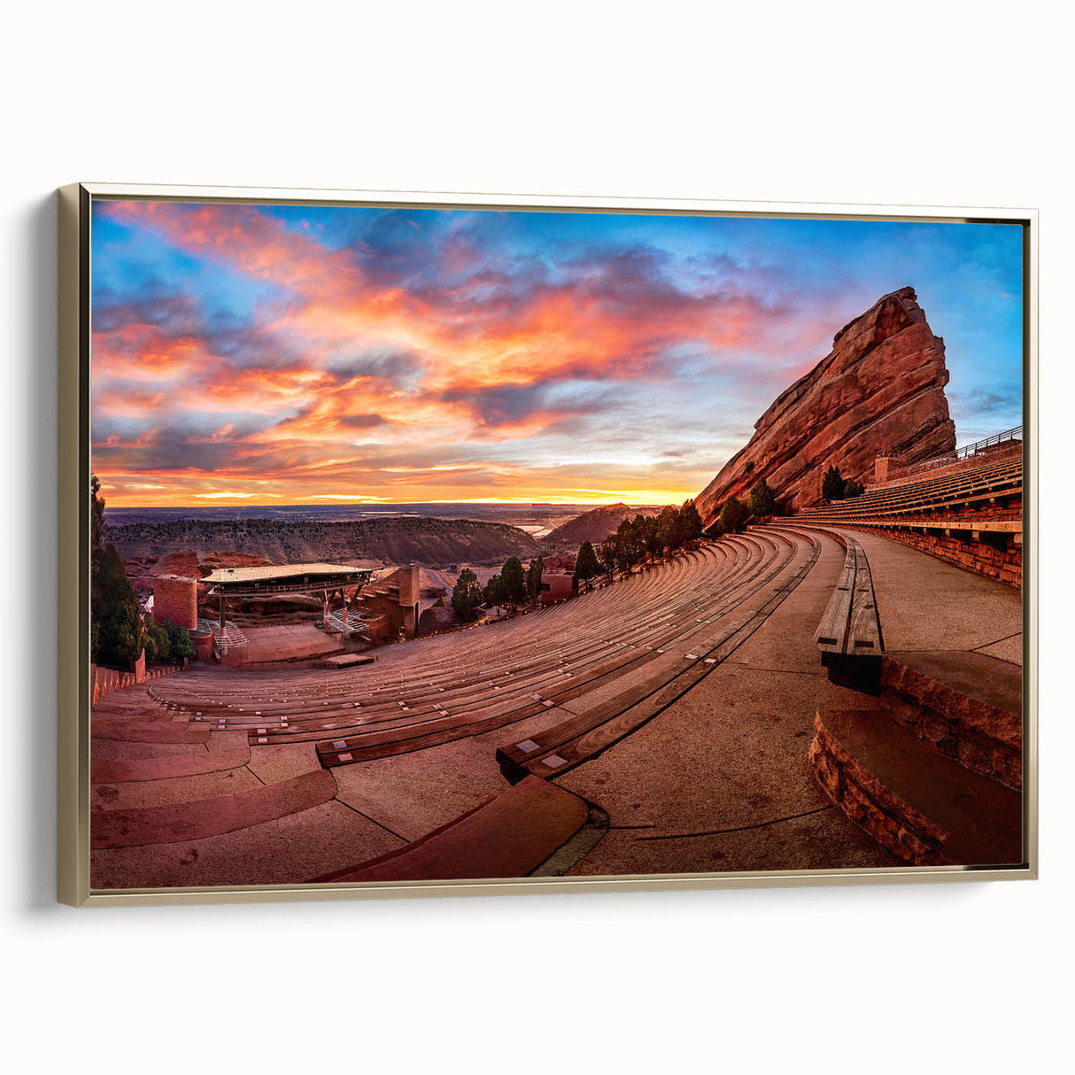 Framed canvas featuring a vintage-style landscape painting of Denver, Colorado, with muted gold and black tones.