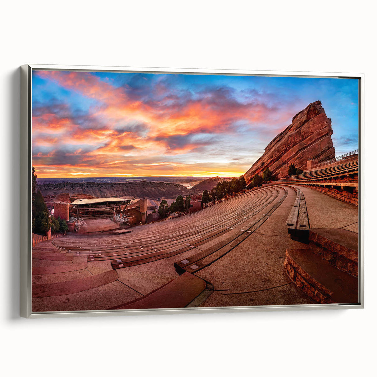 Framed canvas of a Denver landscape featuring colorful art in a vintage poster style.