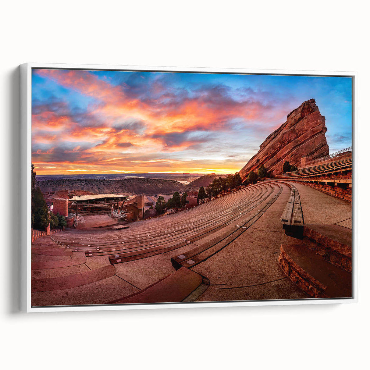 Framed canvas vintage poster art of Denver, Colorado, featuring colorful elements on a black background.