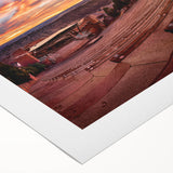 Art Deco poster of Denver skyline in muted blue and gray tones on rolled canvas, suitable for dining room wall art.
