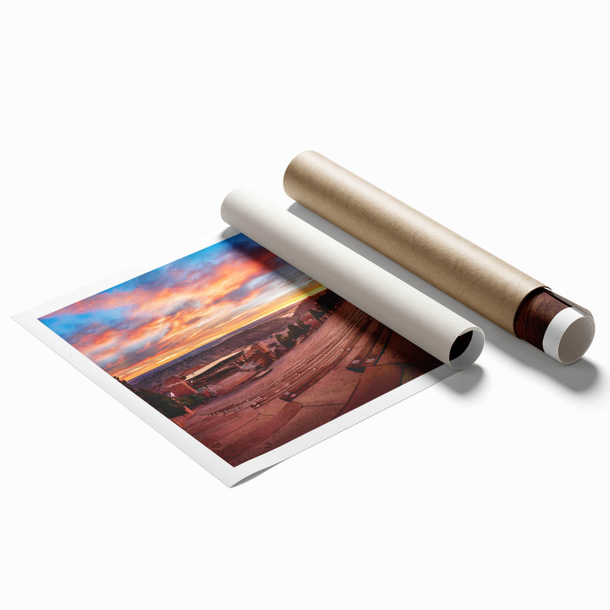 Rolled print of Denver scenery with floral motifs in soft pastel colors, ideal for classy bathroom wall art.