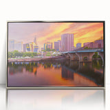 Mid-century modernist art depicting Connecticut scenery in muted earth tones on a silver-framed acrylic print.