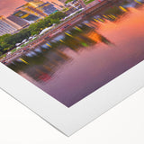 Art deco poster featuring a serene Connecticut landscape in muted green and blue tones, printed on rolled canvas.