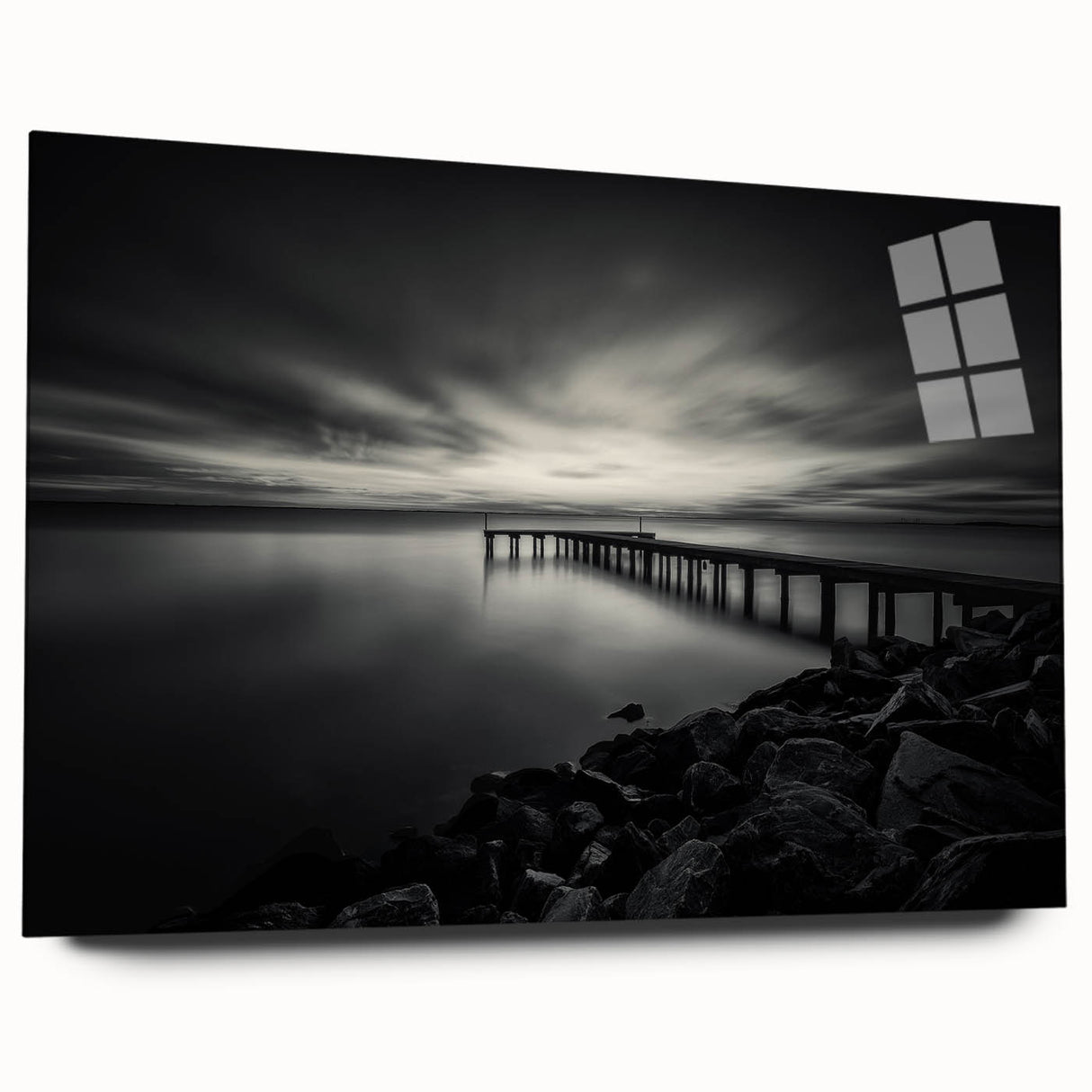 Large abstract wall art of Delaware scenery in muted blue and green tones on acrylic glass.