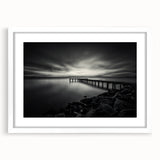 Abstract art print of Delaware scenery in muted blues and greens on a framed white canvas, ideal for dining room decor.