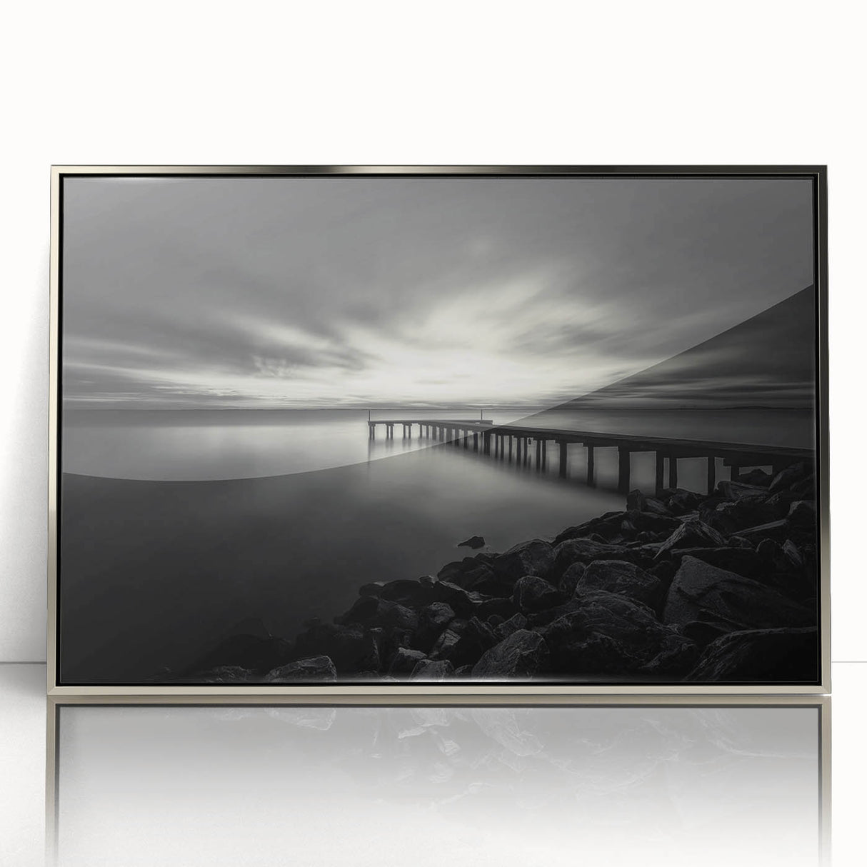 Mid-century modernist art depicting Delaware scenery in muted blues and greens, framed in silver acrylic.