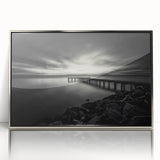 Mid-century modernist art depicting Delaware scenery in muted blues and greens, framed in silver acrylic.