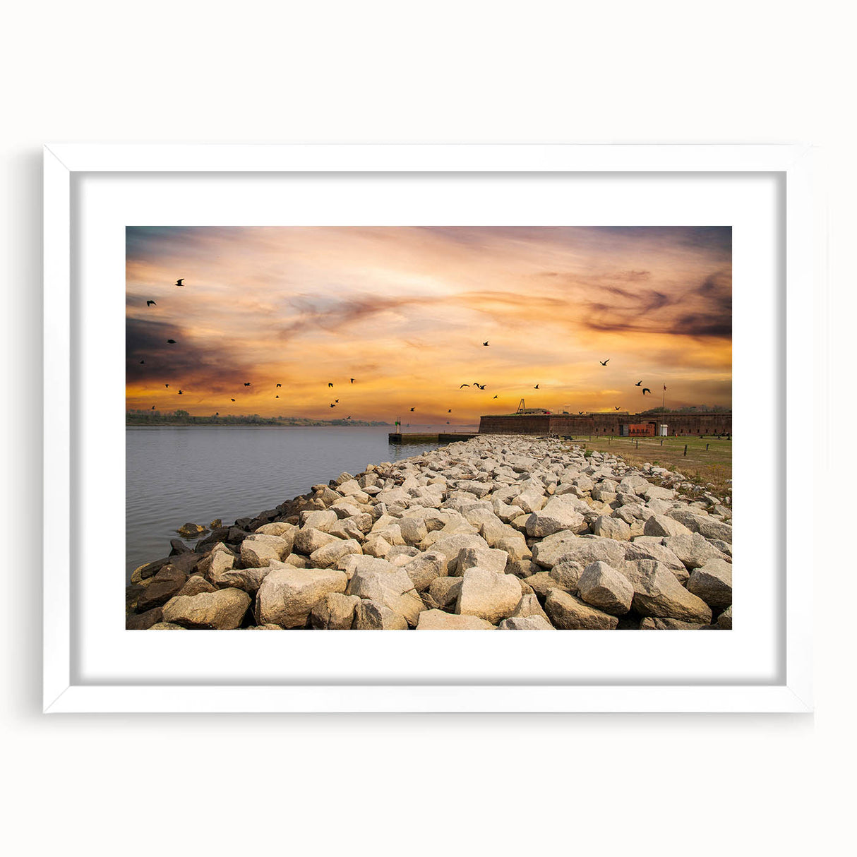 Abstract art print of Savannah, Georgia, with muted earth tones on a framed white mat, suitable for dining room decor.