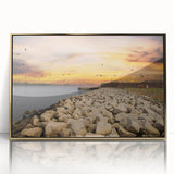 Framed acrylic print of Savannah, Georgia, featuring mid-century modernist style with muted gold and green tones.