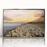 Mid-century modernist art of Savannah skyline in muted colors on a silver-framed acrylic print.