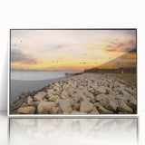 Art deco poster of Savannah scenery in muted earth tones on framed acrylic, ideal for modern nursery wall decor.