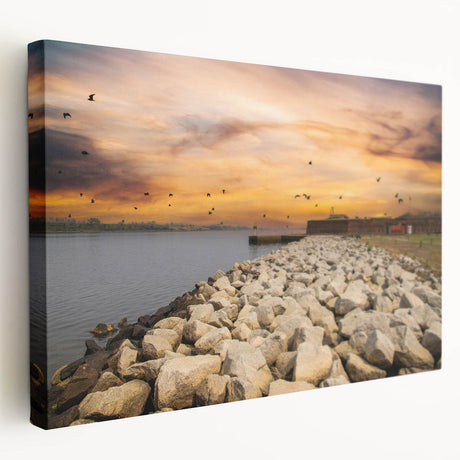 Savannah, Georgia cityscape in muted green and blue tones on a stretched canvas, suitable for kitchen wall art.