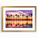 Extra large abstract art print of a Maui scenery in vibrant blue and green hues, framed in gold, ideal for living room decor.