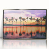 Mid-century modernist art depicting a serene Maui landscape in pastel colors on a silver-framed acrylic print.