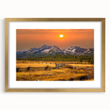 Abstract art print of Idaho scenery in textured gold frame, featuring muted earth tones.