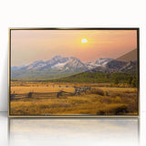 Large art print of a serene Idaho landscape in muted earth tones, framed in gold acrylic, suitable for modern nursery decor.