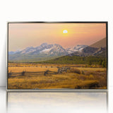 Mid-century modernist art depicting Idaho scenery in muted earth tones on a framed acrylic, suitable for nursery wall art.