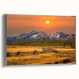 Landscape art painting of a scenic Idaho view on a silver-framed canvas, featuring colorful yet muted earth tones.