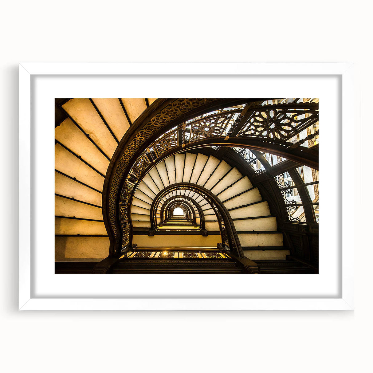 Abstract art print of Chicago skyline in muted blue and gray tones on a framed white mat, ideal for dining room decor.