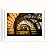 Abstract art print of Chicago skyline in muted blue and gray tones on a framed white mat, ideal for dining room decor.