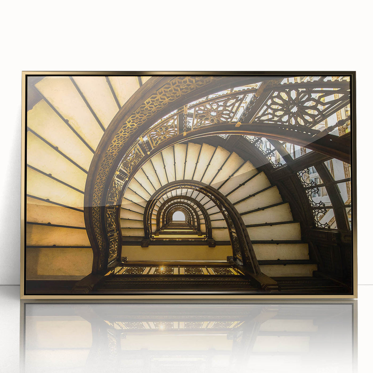 Framed acrylic print of Chicago skyline in gold and blue tones, suitable for modern art wall decor.