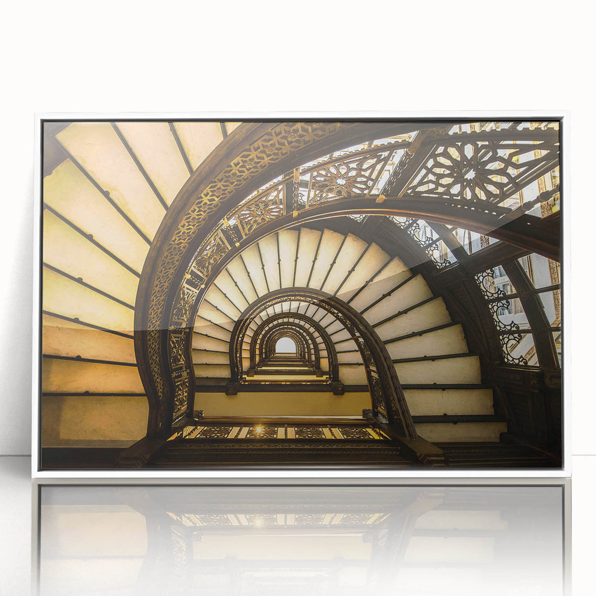 Art Deco style poster of Chicago skyline in muted blue and gray tones on white framed acrylic.