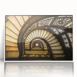 Art Deco style poster of Chicago skyline in muted blue and gray tones on white framed acrylic.